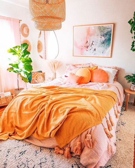 Golden sunset vibes in the bedroom  Did a lil refresh with these colorful @kipandcousa goodies and now it feels like a permanent golden hour  #casalaurelcanyon Orange Rooms, Boho Bedroom Design, Sunset Vibes, Deco Studio, Bedroom Orange, Golden Sunset, Dekorasi Kamar Tidur, Design Living Room, Room Ideas Bedroom