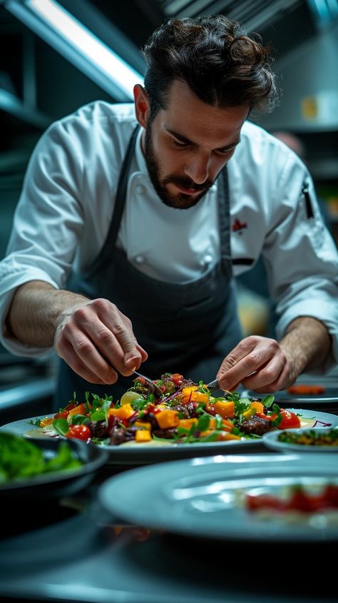 "Chef Plating Dish: #Focused chef delicately arranges vibrant ingredients on a dish in a #professionalkitchen setting. #culinaryarts #foodpresentation #chefstagram #digitalart #foodphotography #aigenerated ⬇️ Download and 📝 Prompt 👉 https://stockcake.com/i/chef-plating-dish_316258_197784". Male Chef Aesthetic, Chef Photoshoot, Chef Cooking Photography, Master Chef Plating, Chef Photoshoot Ideas, Chef Kitchen Photography, Asian Chef Photography, Chinese Fine Dining Photography, Chef Preparing Food Photography