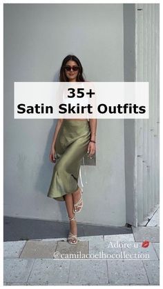 What To Wear With Satin Skirt, Long Silk Skirt Outfit, Green Satin Skirt Outfit, Satin Skirt Outfit Winter, Satin Skirt Outfit Summer, Satin Midi Skirt Outfits, Satin Skirt Outfit Classy, Satin Midi Skirt Outfit, Newyork Streetstyle