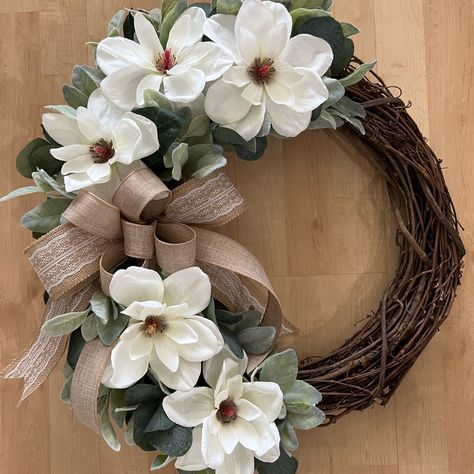 Newbeautiful Magnolia Wreath 18” Grapevine Loaded With Magnolias, Eucalyptus, Greenery And Ribbons Hand Made Perfect For Mother’s Day Gift Designed By Decorbylily White Flower Wreaths For Front Door, Farmhouse Grapevine Wreath Ideas, Magnolia Wreaths For Front Door, Grapevine Wreath Ideas Diy, Wreaths For Front Door Everyday, White Wreaths, Magnolia Wreaths, Beautiful Door Wreaths, Round Wreaths