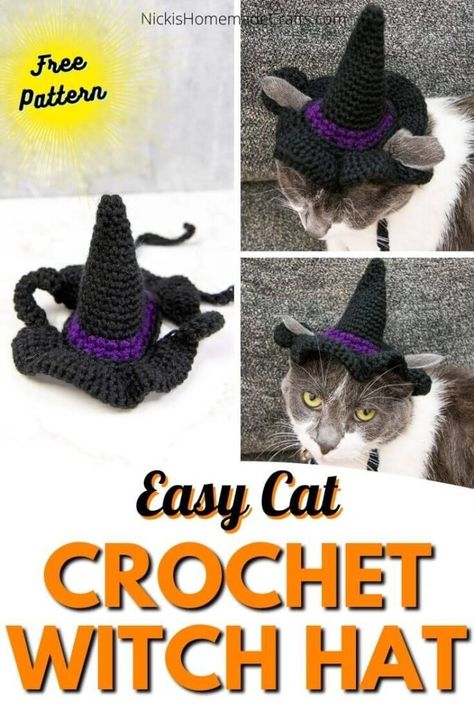 Easy Free Crochet Hat Pattern. This Cat's Witch Hat Crochet Pattern is easy to make with the single crochet stitch. The pattern uses 100% acrylic yarn from WeCrochet. It's the perfect weekend project for an advanced crochet beginner as a great crochet idea and as gifts. Crochet Christmas Cat Hat Free Pattern, Cat Beret Crochet Pattern Free, Crochet Witch Hat For Cat, Crochet Pumpkin Cat Hat Pattern Free, Cat Witch Hat Crochet Pattern Free, Crochet Cowboy Cat Hat Free Pattern, Crochet Cat Santa Hat Free Pattern, Hats For Cats Crochet Pattern, Crochet Cat Costume Free Pattern