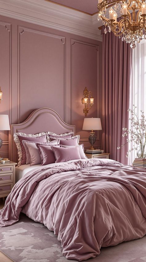 Dark Feminine Bedroom Deep Mauve Bedroom, Mauve And Cream Bedroom, Moody Girls Bedroom, Royal Bedroom Aesthetic, Mauve Bedroom Ideas, Curtains Around Bed, Light Purple Bedroom, Feminine Bedroom Design, Edgy Bedroom