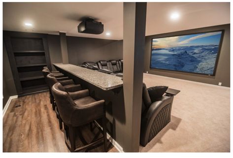 Comfy Home Theater Ideas, Basement Home Theater Paint Colors, Basement With Projection Screen, Basement Ideas Theater, Custom Basement Ideas, Beach House Basement Ideas, Home Theater Rooms Small Interior Design, Small Basement Theater, Big Basement Ideas