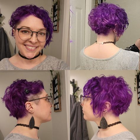 Curly Keracolor and iroiro purple pixie bob with undercut Iroiro Purple, Pixie Bob With Undercut, Undercut Color Ideas, Bob With Undercut, Curly Purple Hair, Purple Pixie Cut, Pixie Cut Shaved Sides, Short Purple Hair, Purple Pixie