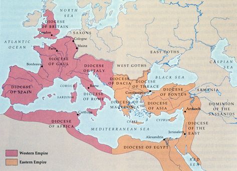 Map: The Eastern and Western Roman Empire (click to see larger image) Roman Empire Map, 8th Grade History, Eastern Roman, Roman Republic, Early Middle Ages, The Roman Empire, History Timeline, Byzantine Empire, Ancient Maps