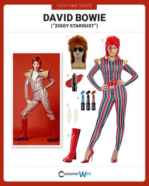 David Bowie Costume Superstar Costume, Ziggy Stardust Costume, David Bowie Costume, Costume Wall, Red Knee High Boots, Uss Enterprise D, Orange Wig, Got Costumes, Costume Guide