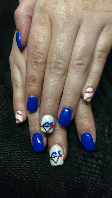 Blue Jays Baseball Nails, Toronto Blue Jay Nails, Toronto Blue Jays Nail Art, Toronto Blue Jays Nails Design, Blue Jays Nail Art, Blue Jay Nails, Blue Jays Nails, Nails Mom, Baseball Nail Designs