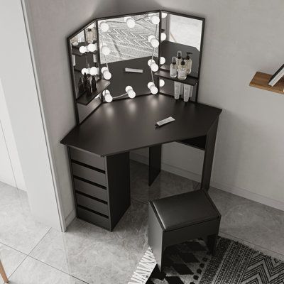 Dark BrownCorner Make-up Vanity Table, the perfect addition to any bedroom or bathroom. With its sleek, modern design and ample storage space, this vanity set is sure to keep your makeup and beauty essentials organized and easily accessible. Designed to fit in the corner of a room, it maximizes your space and adds a touch of elegance to your decor. Color: Black | Latitude Run® Prokop Vanity 55.0 H x 45.0 W x 22.0 D in gray / Wood in Black | 55" H X 45" W X 22" D | Wayfair Black Bedroom Sets, Black Room Decor, Bedroom Vanity Set, Diy Room Decor For Teens, Dark Home Decor, Bedroom Renovation, Dream House Rooms, Room Makeover Bedroom, Gothic Home Decor