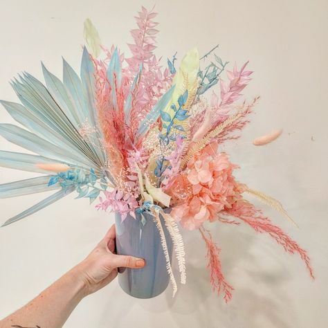 Colorful Dried Flower Arrangements, Pink And Blue Pampas, Colorful Dried Flower Bouquet, Bright Pastel Flower Arrangement, Pastel Dried Flowers, Pastel Dried Flower Arrangements, Colorful Arrangements, Easter Arrangement, Pastel Bouquet