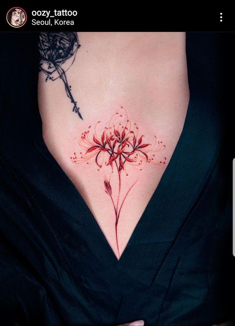 Oozy Tattoo, Tato Phoenix, Red Flower Tattoos, Red Spider Lily, Spider Lily, Red Ink Tattoos, Lily Tattoo, Red Tattoos, Elegant Tattoos