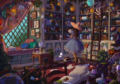 Wizards Study Room, Witch Study Room, Witch Room Illustration, Witch Library, Room Ideas Drawing, Fairy Oak, Wizard House, Witch Drawing, Witch Room