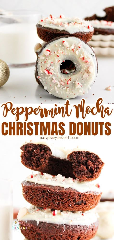 PEPPERMINT MOCHA CHRISTMAS DONUTS Hot Cocoa Donut Recipe, Christmas Donuts Ideas, Holiday Donuts, Xmas Sweets, Love Bakes Good Cakes, Donut Toppings, Donut Ideas, Donuts Recipes, Christmas Baking Cookies