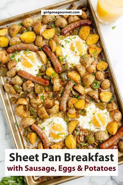 A complete breakfast cooked on one sheet pan is perfect for a weekend or holiday breakfast! This sheet pan breakfast, with sausage, seasoned potatoes, and eggs, is cooked on a baking sheet in the oven for easy serving and clean-up. Breakfast With Sausage, Sheet Pan Breakfast, Eggs And Potatoes, Potatoes And Eggs, Complete Breakfast, Best Egg Recipes, Family Breakfast Recipes, Sheet Pan Suppers, Seasoned Potatoes