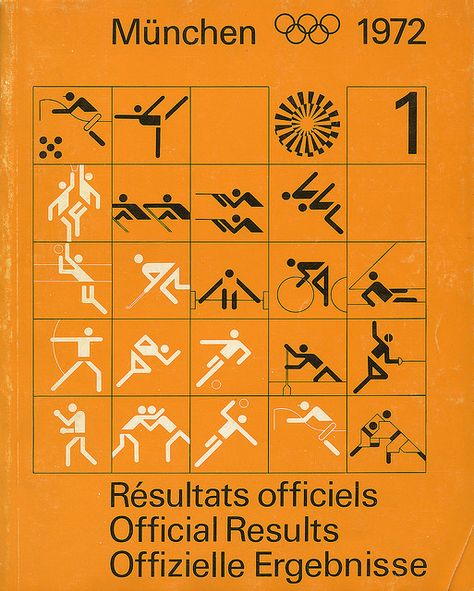 1972 Munich Olympics: Official Results  Design: Otl Aicher Olympic Icons, International Typographic Style, 1972 Olympics, Otl Aicher, Olympic Logo, Swiss Design, Sports Graphics, Sport Poster, Design System