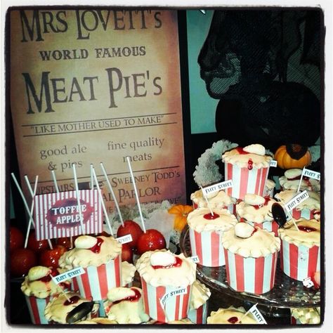 Sweeney Todd Halloween cupcakes and display by The Little Shindig Company Sweeney Todd Halloween, Pie Shop, Candy Cart, Sweeney Todd, Halloween 2015, Pumpkin Lights, Sweet 16 Parties, Halloween Cupcakes, Halloween Wedding