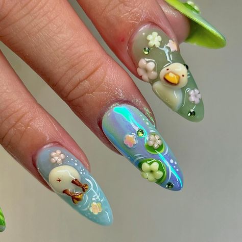 Cute Mix Match Nails, Nail Art Crazy, 3d Kawaii Nails, Pigeon Nails, Mofusand Nails, Pond Nails, Wacky Nails, Duck Nail Art, 4d Nail Art