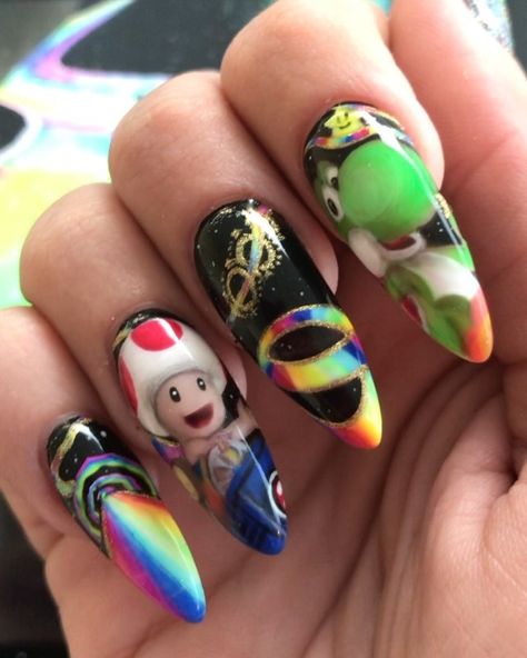 Mario Kart Nails, Animation Painting, Holo Nails, Rainbow Road, Peach Nails, Different Nail Designs, Disney Nails, Get Nails, Art Trends