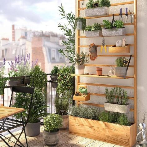 Cette grande jardinière peut faire office de cloison sur un balcon ou de support pour vos plantes et outils Conservatory Chairs, Metal Folding Table, Metal Bistro Chairs, Garden Shelves, Aromatic Plant, Apartment Balcony Decorating, Bistro Chairs, Apartment Balcony, Design Del Prodotto