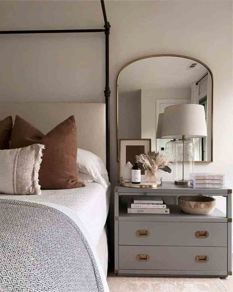 How to Balance a Bedroom with Only One Nightstand - Bark and Chase Night Stands With Mirrors Behind, Bed With Mirror On Side, Nightstands With Mirrors Behind, Mirrors On Side Of Bed, Bedroom Mirrors Above Nightstands, Nightstand With Mirror Behind, Mirror Above Bed, Moody Apartment, Dresser Styling