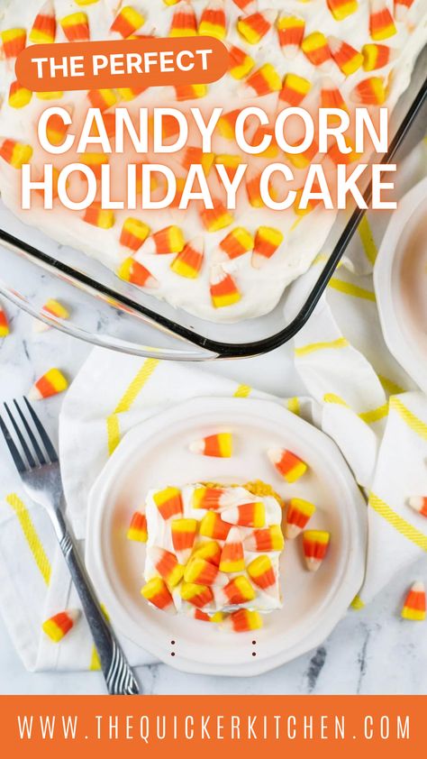 The Perfect Candy Corn Holiday Cake. This candy corn poke cake is the fun, festive dessert you need this Fall. With layers of yellow, orange, and white cake infused with sweetened condensed milk & topped off with a fluffy whipped cream cheese frosting- it’s the sweet treat perfect for any seasonal celebration or spread. View the entire recipe at www.thequickerkitchen.com Candy Corn Cake, Whipped Cream Cheese Frosting, Cake Mix Ingredients, Cake White, Poke Cake Recipes, Festive Desserts, Whipped Cream Cheese, White Cake Mixes, Gel Food Coloring