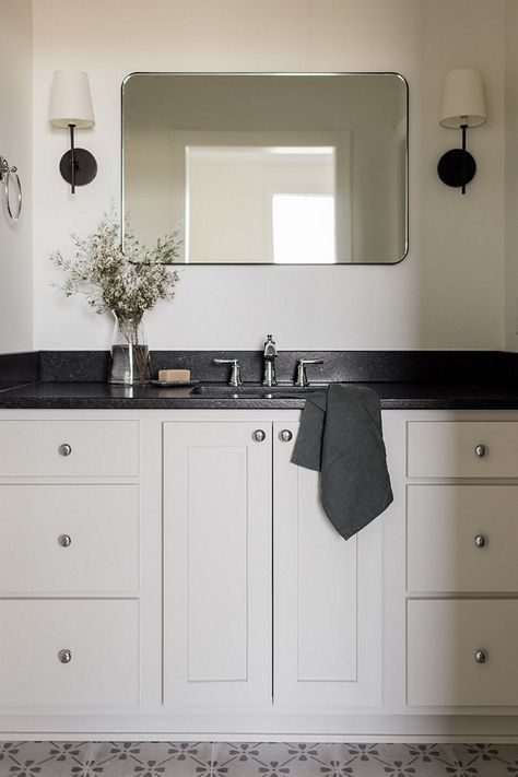 Black Mist Leathered Granite Countertops, Bathroom Vanity With Black Granite Top, Bathroom With Dark Countertop, Black Granite Bathroom Countertops, Black Counter Bathroom, Black Granite Countertops Bathroom, Black Granite Bathroom, Leathered Granite Countertops, Earthy Interiors