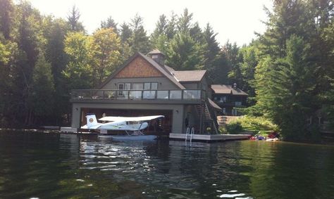 Lake Muskoka seaplane house? Airplane Hanger House, Hangar House, Hangar Home, Hangar Homes, Hanger House, Aircraft Hangar, Lakefront Living, Lakefront Property, Old Cottage