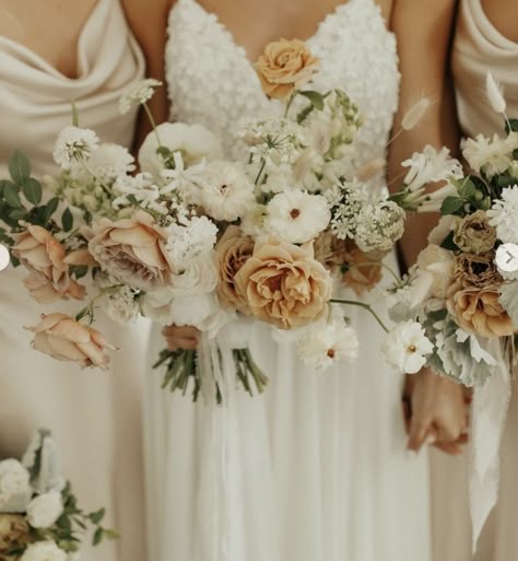 White And Tan Floral Arrangements, Taupe Bridesmaid Bouquet, Bride Bouquet White And Champagne, Neutral Wedding Flowers With Pop Of Color, Toffee And White Wedding Flowers, White And Tan Bridal Bouquet, White And Tan Bouquet, Neutral Bridesmaids Bouquets, Wedding Bouquets Beige