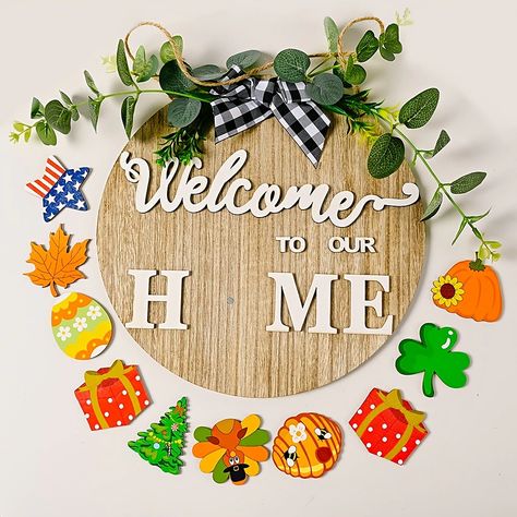 1pc, Interchangeable Seasonal Palque, Welcome Sign Front Door Decoration,Rustic Round Wood Wreaths Wall Hanging Outdoor, Fall Winter Seasonal Door Decor, Themed Wedding Birthday Anniversary Party Supp 2023 - CHF 19 Thanksgiving Door Hanger, Welcome Signs Front Door, Wooden Wreath, Welcome Door Signs, Wood Wreath, Rustic Pumpkin, Wooden Wreaths, Fall Door Decorations, Red Wagon