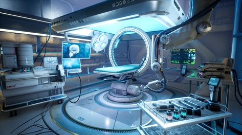 ArtStation - Sci Fi Med Bay, Megan Tyler Medical Room, Spaceship Interior, Sci Fi Environment, Futuristic Interior, 카드 디자인, Fantasy Places, Futuristic Technology, Future Technology, Futuristic Architecture