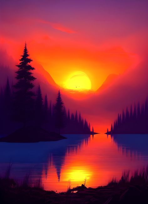 Sunrise Cartoon Background, Minimalist Scenery, Art Examples, Bob Ross Paintings, Sunrise Lake, Sunrise Painting, Sunrise Art, Flower Drawing Tutorials, Pop Up Art