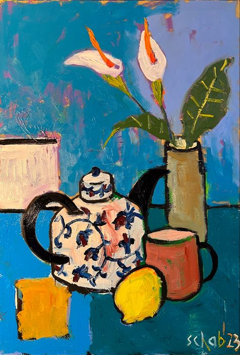 Still Life Expressionism, Simple Impressionism Art, Chair Painting Art, Tea Pot Still Life, Oil Pastel Still Life, Still Life Inspiration, Funky Paintings, Matisse Still Life, Still Life Collage