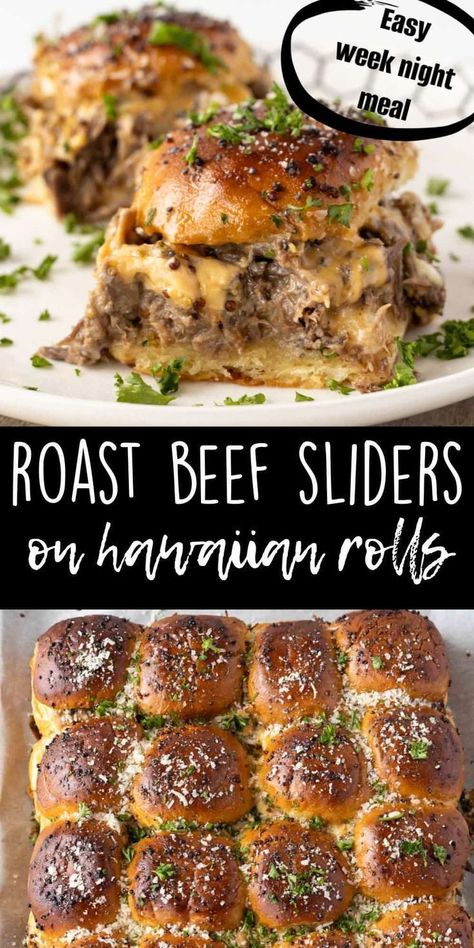 Roast beef sliders on Hawaiian Rolls is an easy recipe loaded with leftover shredded roast beef, cheddar cheese, and buttery tops! Great for a weeknight fridge cleanout or party food these easy sliders are the recipe you need! This recipe makes the best comfort food your family and friends will keep asking for. Oven Baked Roast, Shredded Roast Beef, Shredded Roast, Roast Beef Sliders Recipes, Rolled Roast Beef, Leftover Roast Beef Recipes, Sliders On Hawaiian Rolls, Sliders Recipes Beef, Sliders Recipes Hawaiian Rolls