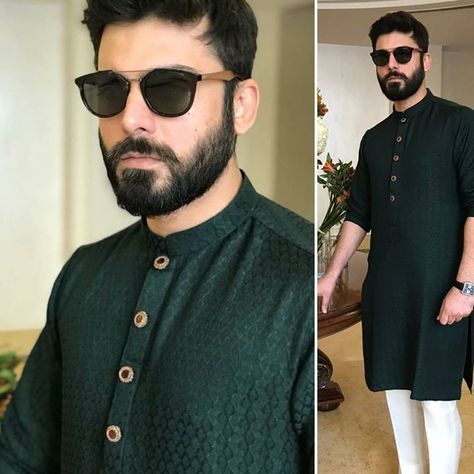 Emerald Green Kurta Men, Dark Green Kurta Men, Green Kurta Men, Men Embroidery, Fawad Khan, Mehndi Outfits, Kurta Men, Mens Fashion Casual Outfits, Green Outfit