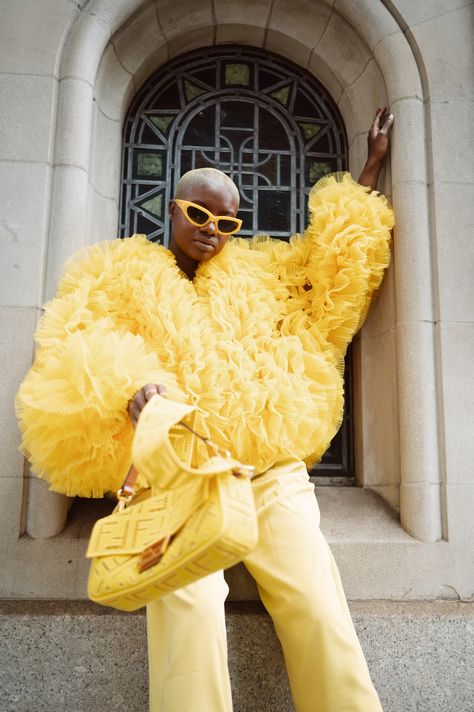 Yellow Fashion Editorial, Monochrome Yellow Outfit, Yellow Party Aesthetic, Yellow Outfit Black Women, Yellow Sunglasses Outfit, Yellow Aesthetic Fashion, Yellow Monochromatic Outfit, Yellow Monochrome Outfit, All Yellow Outfit