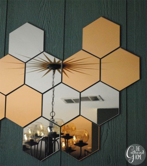 dining-room-midcentury-chandelier-honefoss-mirrors-24 Honeycomb Mirror, Mirror Repurpose, Upcycle Home, Gold Dining Room, Mirror Decor Living Room, Tv Fal, Hexagon Mirror, Dining Room Updates, Bilik Idaman