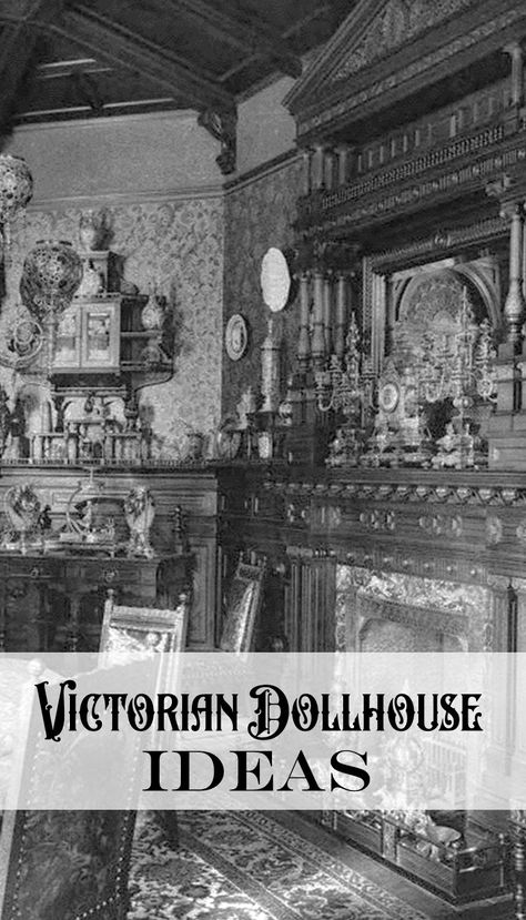 Victorian room with the words Victorian dollhouse ideas Victorian Dollhouse Interior Ideas, Victorian Dollhouse Interior, Real Interiors, Victorian Dollhouse Furniture, Late Night Coffee, Victorian Dollhouse Miniatures, Dollhouse Furniture Tutorials, Cottage Dollhouse, Halloween Dollhouse