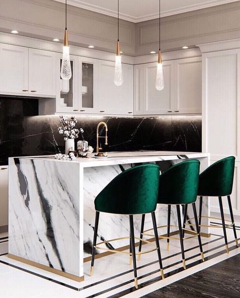 Marble Kitchen Island, Glam Kitchen, Modern Kitchen Design Black, Kursi Bar, Kitchen Decor Modern, Kitchen Marble, Apartment Kitchen, Trendy Kitchen, Beautiful Living Rooms