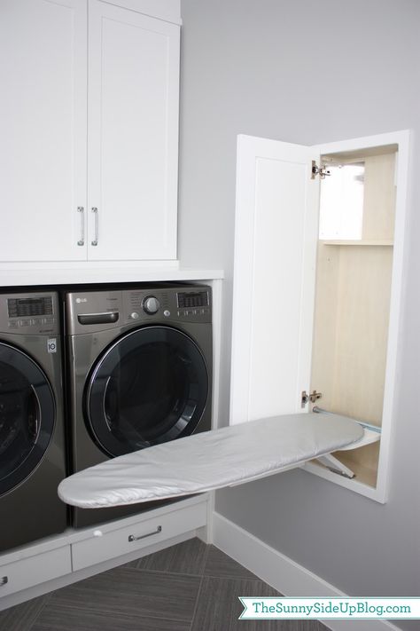 Sunny Side Up: Downstairs Laundry Room (built-in ironing board) Room Storage Diy, Laundry Design, Laundry Room Cabinets, Laundry Room Inspiration, Laundry Closet, Small Laundry Room, Small Laundry, Laundry Room Storage, Laundry Mud Room