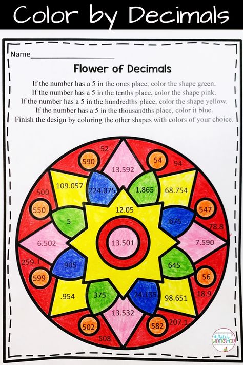 Decimals to the tenths, hundreds, and thousandths. Fourth and fifth graders will have fun with this place value color-by-decimal activity. Perfect for math centers, homework, and substitute plans. Decimals To Thousandths, Decimal Activities, Teaching Decimals, Decimal Place Value, Decimals Activity, 4th Grade Activities, 5th Grade Activities, Place Value With Decimals, Teaching Place Values