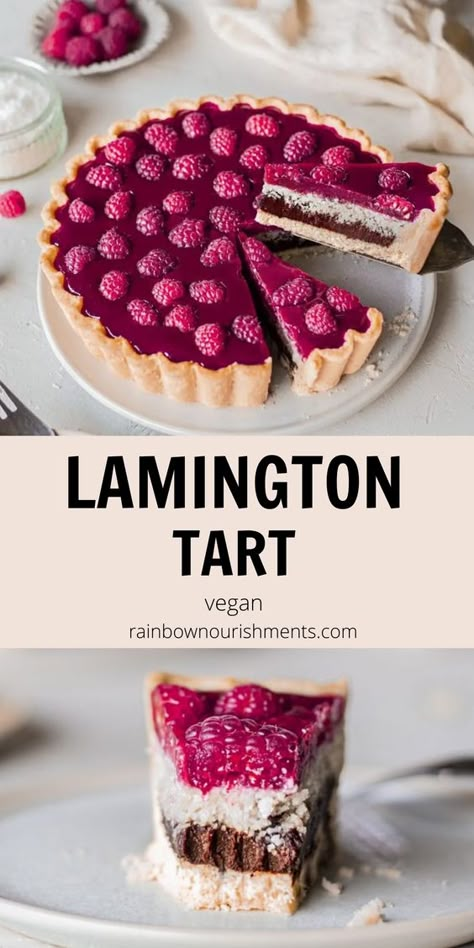 Vegan Lamington Tart Aussie Recipes, Birthday Desert, Deserturi Raw Vegan, Tart Vegan, Summer Desert, Vegan Tarts, Vegan Baking Recipes, Coconut Desserts, Vegan Pie