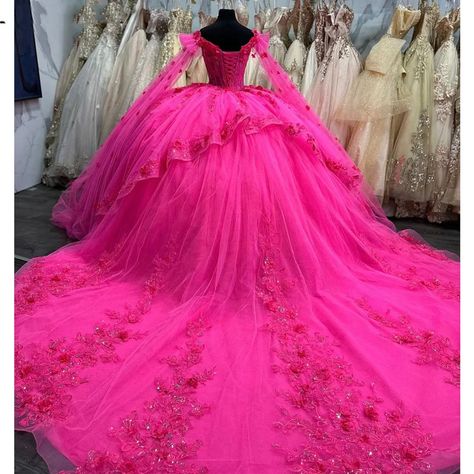 Angelsbridep Hot Pink Quinceanera Dress With Wraps Off Shoulder Applique Lace Tull Ball Gown Hot Pink Quinceanera, Hot Pink Quinceanera Dresses, Pink Quinceanera Dress, Shoulder Applique, Pink Quinceanera, Sweet Sixteen Dresses, Pink Quince, Tulle Cape, Long Sleeve Ball Gowns