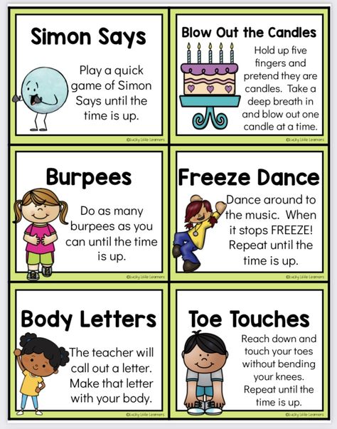 Body Breaks For Kids, Movement In The Classroom, Brain Break Games, Brain Breaks For Kindergarten, Brain Breaks Elementary, Kids Exercise Activities, Transition Songs, Classroom Songs, Preschool Circle Time