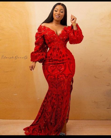 Lace Dress African, African Clothing Women, African Lace Dress, Lace Red Dress, Dope Fashion Outfits, Prom Dresses V Neck, African Party Dresses, Stylish Naija, African Lace Styles