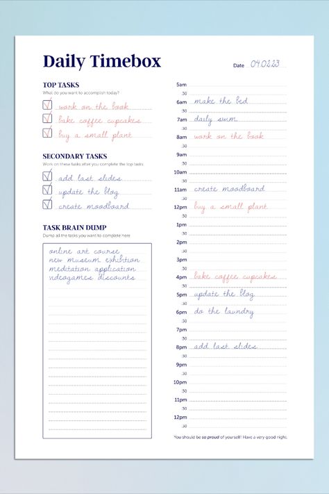 A simple and effective way to manage your time and stay on track.

This planner helps you break down your day into 15-minute intervals, so you can see exactly where your time is going. You can also set goals for each day, so you can stay focused and motivated.

With this planner, you'll be able to:

 Track your time and see where it's going
 Set goals and stay motivated
 Improve your productivit Time Blocking Journal, Daily Time Blocking Template, 2024 Daily Planner, Day Planner Printables Free, Timeboxing Template, Sahm Hacks, Timeboxing Planner, Time Block Template, Cute Daily Planner Template