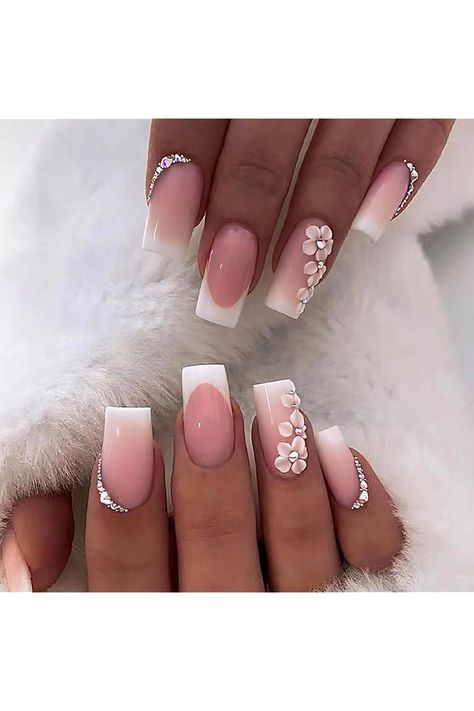 Medium Square Press on Nails French Tip False Nails with Flower and Rhinestones Design Full Cover Nails Pink Glue on Nails Gift for Women and Girls Medium Square French Tip, Acrylic Nails With Rhinestones, Medium Square Nails, Press On Nails French Tip, Glossy Acrylic Nails, Square French Tip, French Tip Fake Nails, Nails Medium Square, Press On Nails French