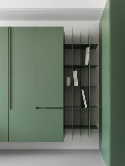 Snap green - Moooten Studio Cabinet Office Design, Office Cabinet Design, Green Wardrobe, Display Storage Cabinet, Storage Unit Design, Green Shelves, Study Room Design, Wardrobe Door Designs, Office Cabinet