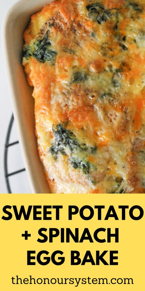 Egg Spinach Recipes, Sweet Potato Spinach Egg Bake, Sweet Potato Breakfast Casserole Healthy, Spinach Sweet Potato Recipes, Sweet Potato Spinach Recipes, Spinach And Egg Casserole, Sweet Potato Egg Casserole, Egg Spinach Bake, Sweet Potato Egg Breakfast