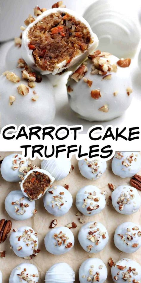 Two photos with a stack of white truffles and also lined up in rows. Carrot Cake Layered Dessert, Carrot Cake Truffle Recipe, Thanksgiving Truffle Balls, Fall Cake Balls, Cake Balls Decorating Ideas, Cake Balls Thanksgiving, Spice Cake Truffles, Cake Truffle Balls, Thanksgiving Truffles