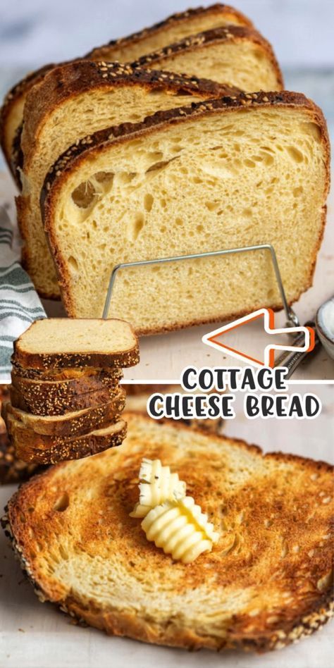 Cottage cheese bread is a delicious high protein sandwich bread made with cottage cheese, eggs and bread flour. It has a firm crust and soft crumb and tastes absolutely heavenly toasted and is perfect for open-face sandwiches. Cottage Cheese Loaf, High Protein Sandwich, Cottage Cheese Bread Recipe, Eggs And Bread, Cottage Cheese Bread, Cottage Cheese Dessert Recipes, Protein Sandwich, Cottage Cheese Recipes Healthy, Healthy Breads