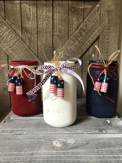 Patriotic Mason Jars, July 4th Decor, July Decoration, Mason Jar Decor, Fourth Of July Decorations, 4th July Crafts, Jar Centerpieces, Blue Mason Jars, Rustic Mason Jars